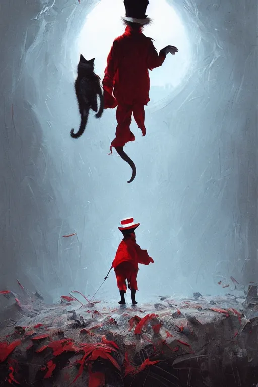 Prompt: the cat in the hat, scary, cinematic, concept art by dr seuss and greg rutkowski and ruan jia