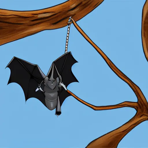 Image similar to a bat, hanging upside down from a tree ， digital art. unreal engine.