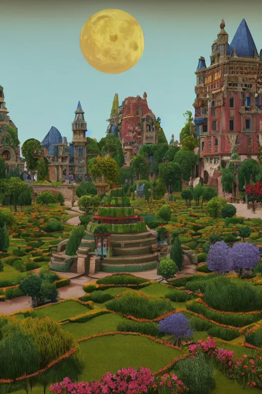 Prompt: distance view of the painted tower of the moon in its gardens fairytale illustration, carved balconies, tall windows, formal flower gardens, dramatic cinematic lighting, rich colors, golden age illustration, by Ludwig Deutsch and April Gornik and (Edmund Dulac and Nicholas Roerich),unreal engine
