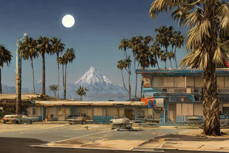 Image similar to broken robot | abandoned motel | palm trees | snowy mountains | moon in sky, painting by syd mead and weta studio and moebius and james jean and frank frazetta, gta san - andreas game screenshot, highly detailed, rule of third, soft lighting, architectural magazine, insanely intricate details, artstation trending, hypermaximalistic, high details, cinematic