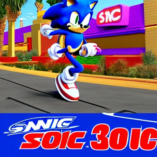 Prompt: sonic in 3d style running in las vegas nevada