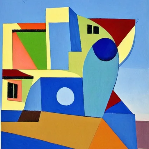 Prompt: cubism art print painting of Santorini, by Picasso, trending on Saatchi Art, trending on Society6, high definition,