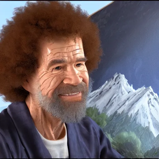 Image similar to a closeup photorealistic photograph of bob ross working on a canvas painting of spiderman. film still. brightly lit scene. mountains and trees. this 4 k hd image is trending on artstation, featured on behance, well - rendered, extra crisp, features intricate detail, epic composition and the style of unreal engine.