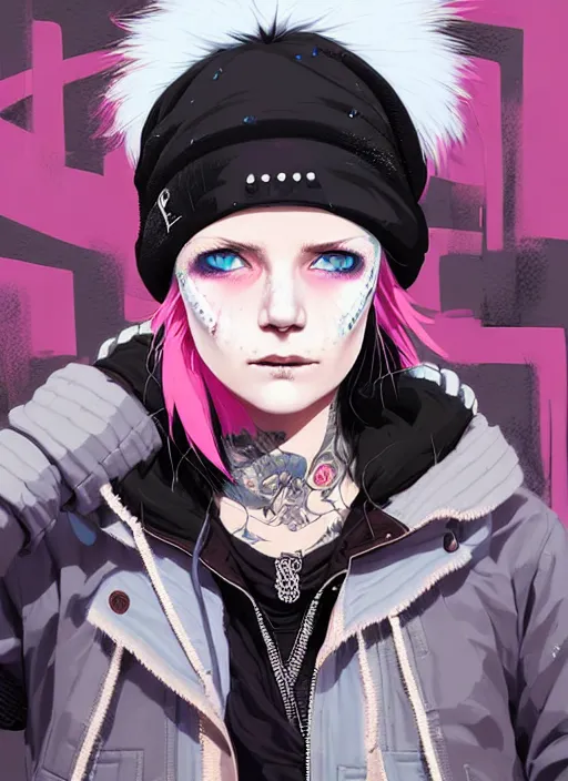 Prompt: highly detailed portrait of a street punk lady student, blue eyes, parka jacket, beanie hat, white hair by atey ghailan, by greg rutkowski, by greg tocchini, by james gilleard, by joe fenton, by kaethe butcher, gradient pink, black, brown and light blue color scheme, grunge aesthetic!!! ( ( graffiti tag wall background ) )