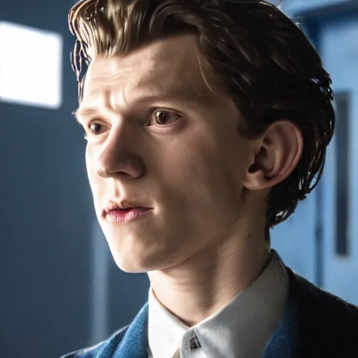 Image similar to tom holland as a rough dirty old man with a scruffy beard in a dark blue trenchcoat as the new doctor who, cinematic, volumetric lighting, f 8 aperture, cinematic eastman 5 3 8 4 film, photorealistic