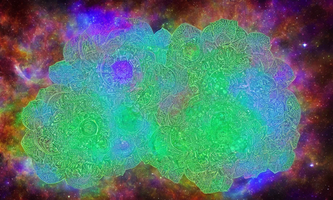 Image similar to fractal mandala nebula psy trip ghost color an ancient white bone and emerald gemstone relic, intricate engraving concept art style