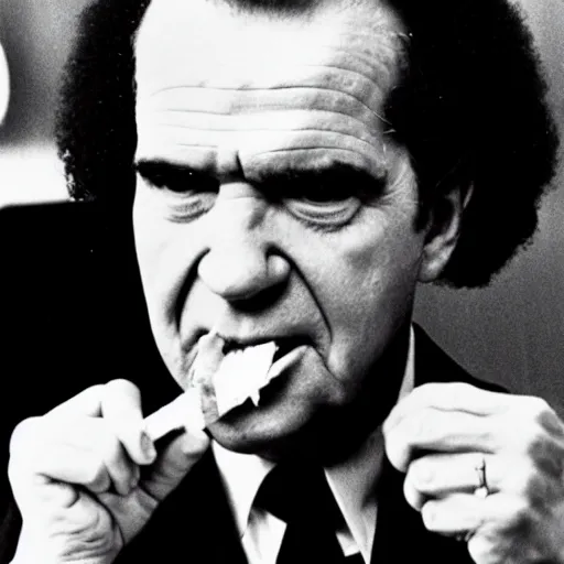 Prompt: Richard Nixon with an afro and a joint, 1971