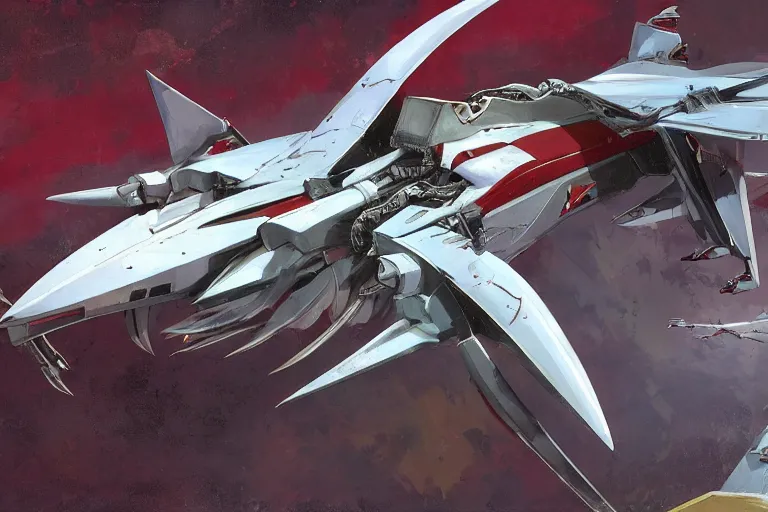 Prompt: a pteranodon mecha fighter, white john berkey armor panels, wine-red trim, skull insignia, robotech styling with Kanji markings, boeing concept art painting