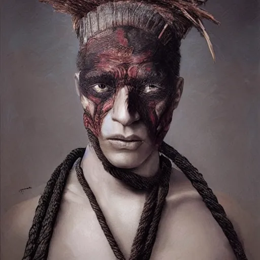 Image similar to portrait of a Shibari rope wrapped face and neck, headshot, insanely nice professional hair style, dramatic hair color, digital painting, of a old 15th century, zulu warrior, amber jewels, baroque, ornate clothing, scifi, realistic, hyperdetailed, chiaroscuro, concept art, art by Franz Hals and Jon Foster and Ayami Kojima and Amano and Karol Bak,