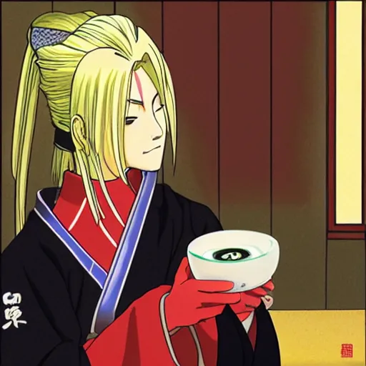 Image similar to Tsunade drinking sake in a japanese pub by Shoji Sato