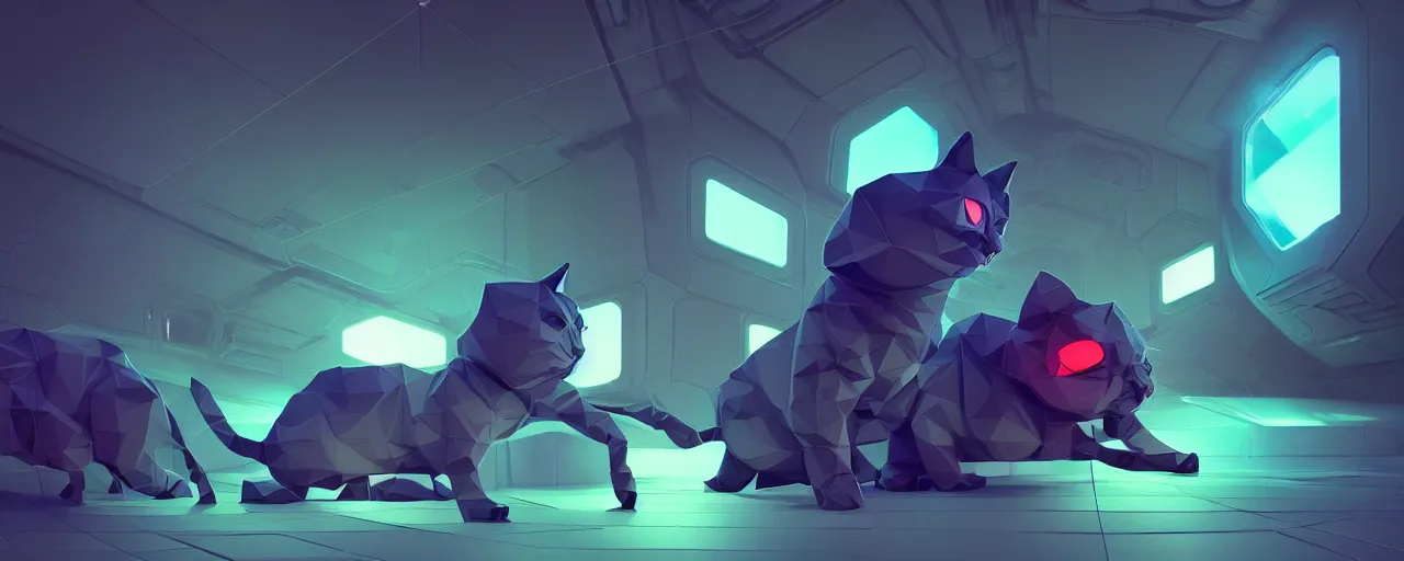 Image similar to duotone noir scifi concept illustration of lowpoly cats inside box floating zero gravity glowing 3 d mesh portals futuristic, glowing eyes, octane render, surreal atmosphere, volumetric lighting. accidental renaissance. by sachin teng and sergey kolesov and ruan jia and heng z. graffiti art, scifi, fantasy, hyper detailed. trending on artstation