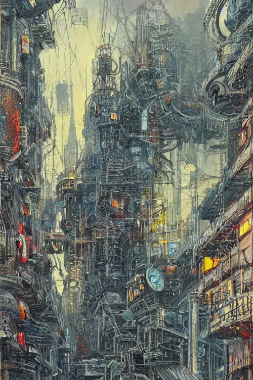 Image similar to A hyper-detailed, ultra-detailed, full-color photorealistic mixed media painting of a polluted futuristic cityscape with intricate, perfe4ctly symmetrical art nouveau infrastructure and architecture at night in the winter, bill sienkiewicz illustration with slight spraying from 1984, Travis Charest, Stephen Gammell