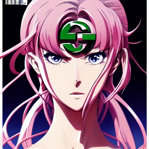 Image similar to Magazine Cover Anime key visual of a Gucci girl; official media; typography; drawn by Hirohiko Araki; Jojo's Bizarre Adventure; Jojolion, portrait, made by Stanley Artgerm Lau, WLOP, Rossdraws, James Jean, Andrei Riabovitchev, Marc Simonetti, Yoshitaka Amano, ArtStation