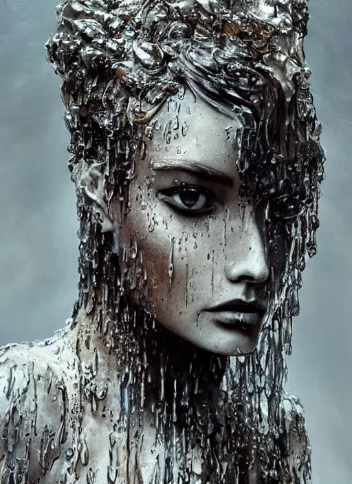 Image similar to sculpture made of water, portrait, female, future, shaman, harper's bazaar, vogue, magazine, insanely detailed and intricate, concept art, close up, wet, ornate, luxury, elite, elegant, trending on artstation, by ruan jia, by Kenneth Willardt, by ross tran, by WLOP, by Andrei Riabovitchev,