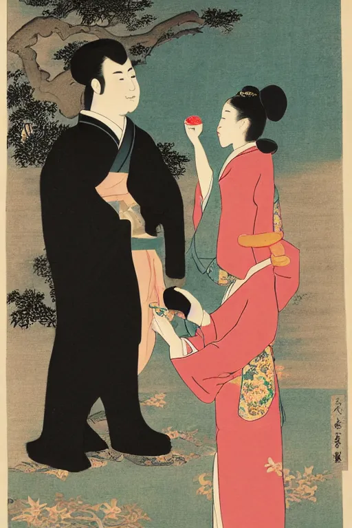 Image similar to portrait of a girl wearing a kimono giving a peach to a large anthropomorphic asian black bear, in the style of booth franklin