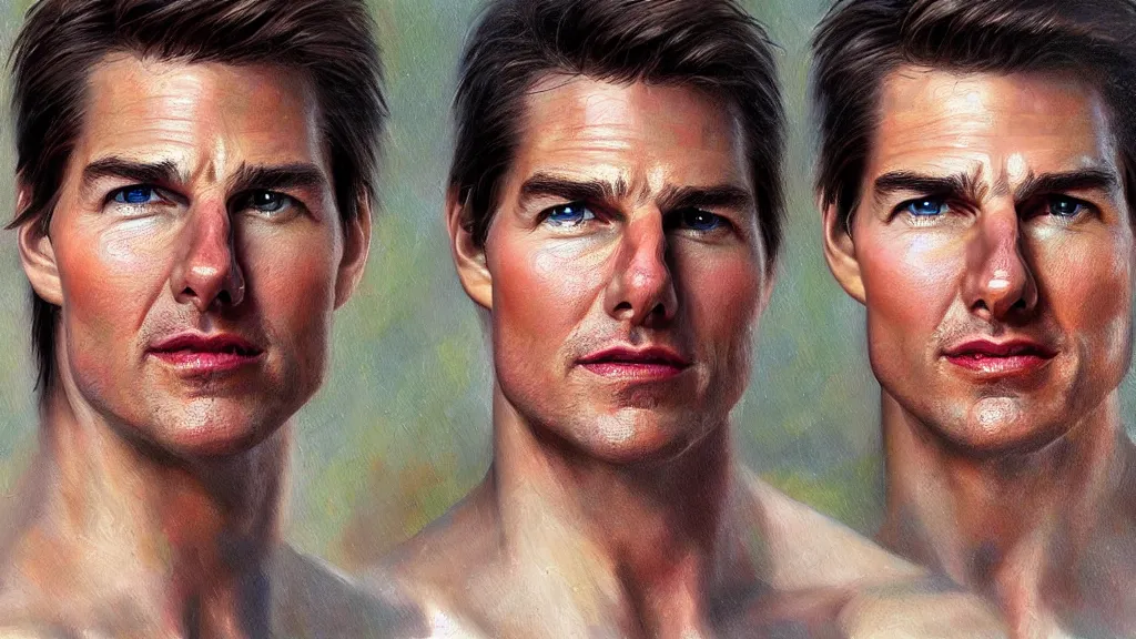 Prompt: The most beautiful portrait of Tom Cruise in the world; trending on artstation; oil on canvas; anatomically correct face; extraordinary masterpiece!!!!!!; 8k