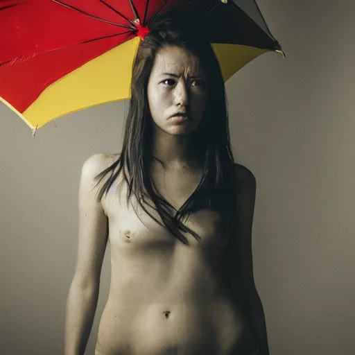 Prompt: photo of a woman. moody and melanchonic. with small amount of red and yellow