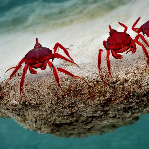Prompt: mice riding on crabs during the Christmas Island great red crab migration, national geographic photography,