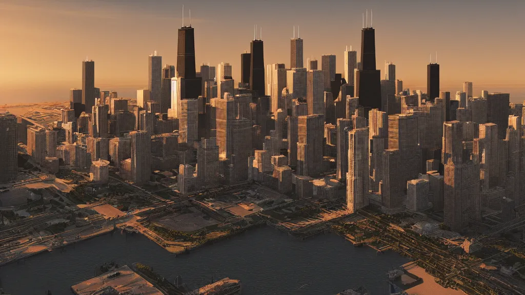 Image similar to there is a monster problem in Chicago, photorealistic, 8k, golden hour, hyperrealistic, super detailed