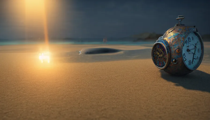 Image similar to cinematic rendering of melting clocks on the beach, 8 k ultra realistic, lens flare, atmosphere, glow, detailed, intricate, full of colour, cinematic lighting, trending on artstation, 4 k, hyperrealistic, focused, extreme details, unreal engine 5, cinematic, masterpiece