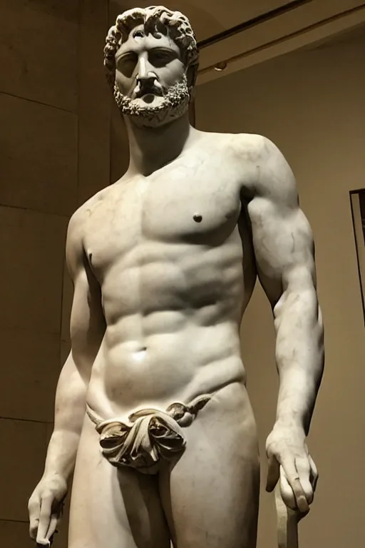 Prompt: an ancient greek marble statue of actor gerard butler, courtesy of the british museum