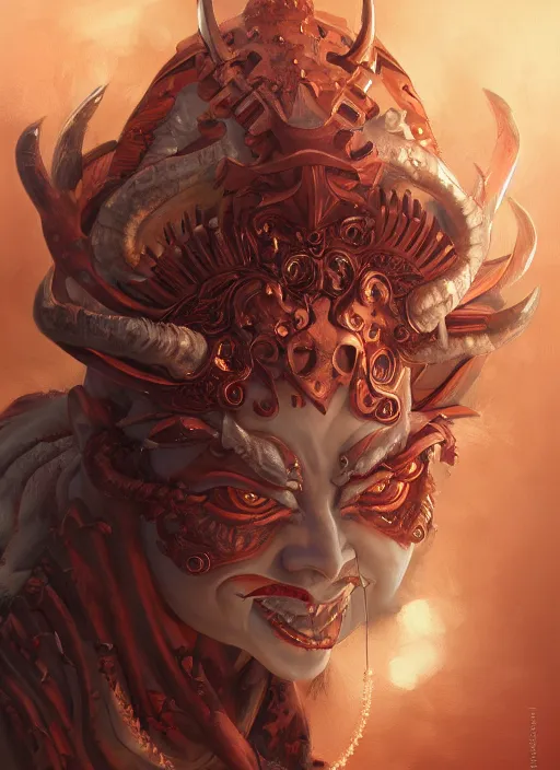 Prompt: a beautiful detailed oil on copper art illustration of a oni hannya mask shogun devil woman, centered, by charlie bowater, zeng fanzh, trending on artstation, dim dusk lighting, cinematic lighting, detailed lighting, volumetric lighting, realistic, f 8, 4 k hd wallpaper