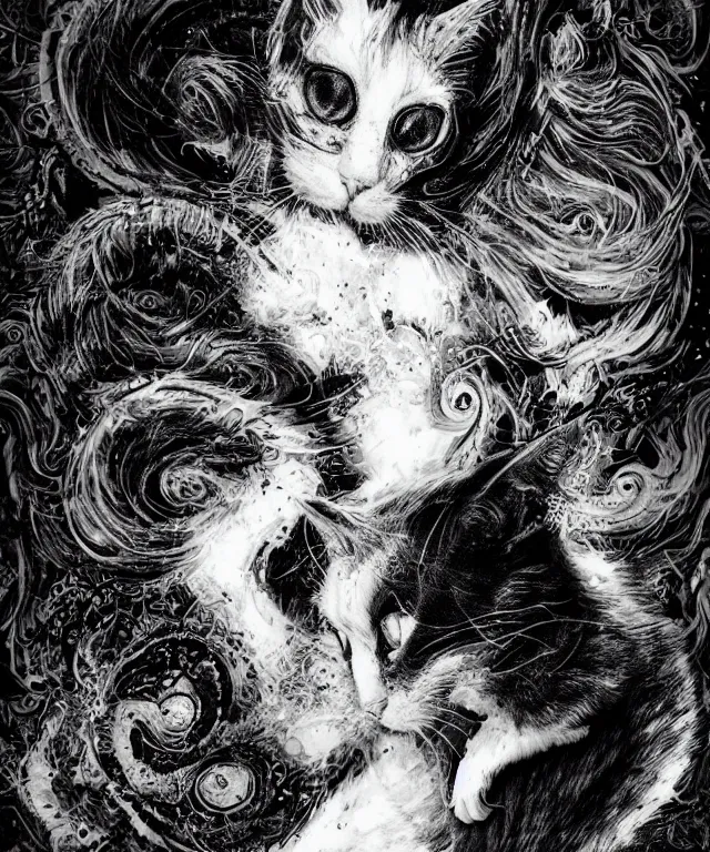 Prompt: black and white illustration, creative design, body horror, cat