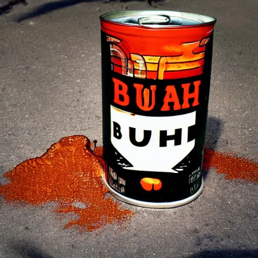 Prompt: very angry can of bush's baked beans combusts in a hellish blaze