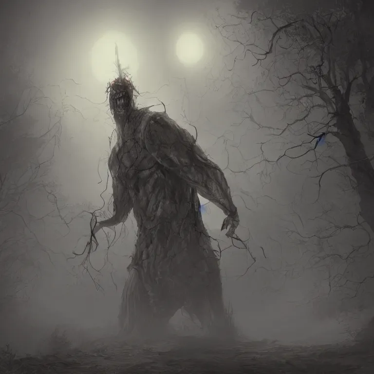 Image similar to a gigantic demon on a cobblestone hard mountain, night, scary, eerie, foggy lighting, rim light, digital art.