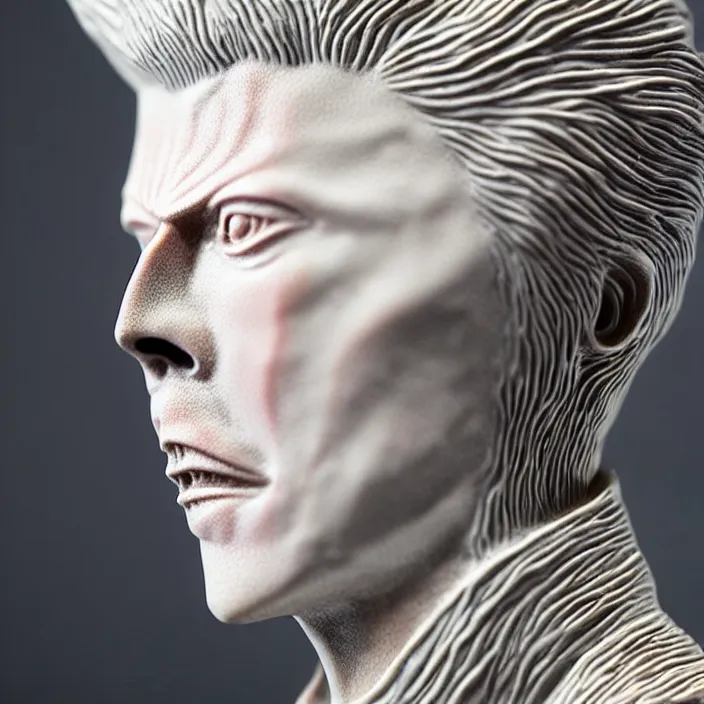 Image similar to David Bowie , A Close up photo-real delicate ceramic porcelain sculpture of a symmetrical ornate detailed in front of an intricate background by Victo Ngai and takato yamamoto, micro detail, backlit lighting, face in focus, subsurface scattering, translucent, thin porcelain, octane renderer, colorful, physically based rendering, japanese pottery, trending on cgsociety