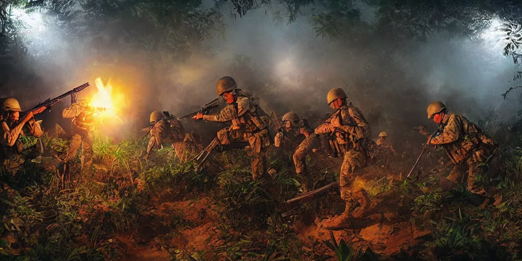 Image similar to a squad of american soldiers ambushed by the vietcong in the jungle illuminated by flare, beautiful, high contrast, cinematic, art by craig mullins