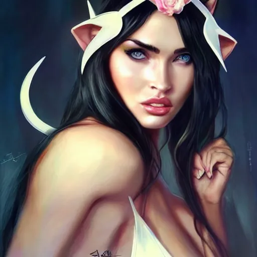 Image similar to alchemyst girl Megan Fox with cat ears, by WLOP, by Artgerm, by Michael Garmash, by Rob Rey, digital art, trending on artstation, beautiful lightning, atmospheric