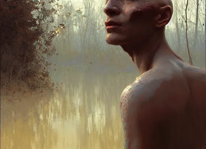 Image similar to a human being born out of the earth, bald, grey skin, emerging from mud, specular reflection, occlusion shadow, intricate, bokeh, masterpiece, by ilya kuvshinov and jeremy lipking and quentin mabille