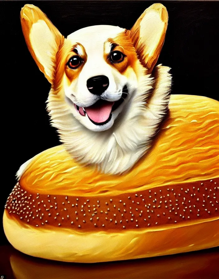 Image similar to a royal portrait of a corgi as a loaf of bread, oil on canvas, highly detailed, cinematic lighting, pretty