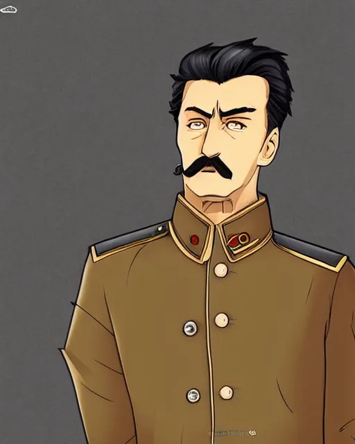 Image similar to Digital communist anime art of Iosif Stalin by A-1 studios, serious expression, empty warehouse background, highly detailed, spotlight