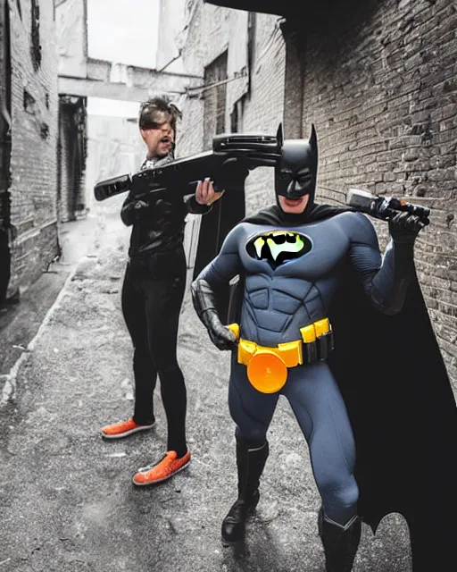 Image similar to happy batman firing super soaker water gun at playful criminals in an alleyway, everyone having fun, product advertisement, photogenic photograph