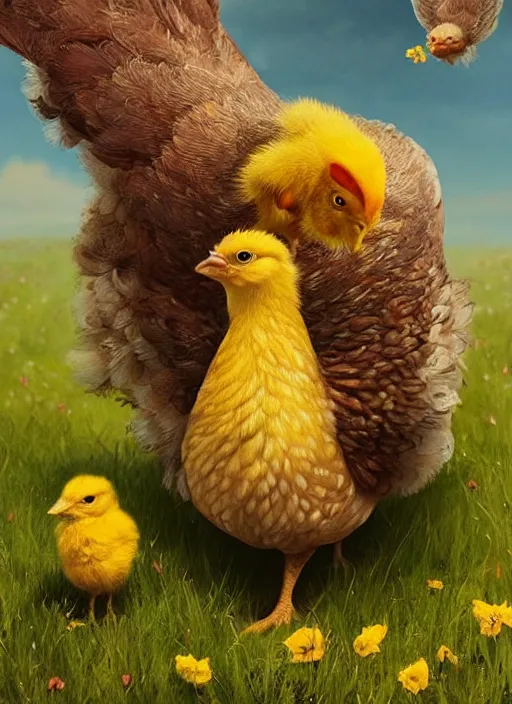 Image similar to a hen and her two cute small yellow chicks on a meadow, mama movie poster by nuri iyem, james gurney, james jean, greg rutkowski, anato finnstark. pixar. hyper detailed, 5 0 mm, award winning photography, perfect faces