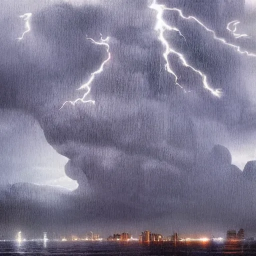 Prompt: enormous creature towering over a city during a thunderstorm, hyper realistic