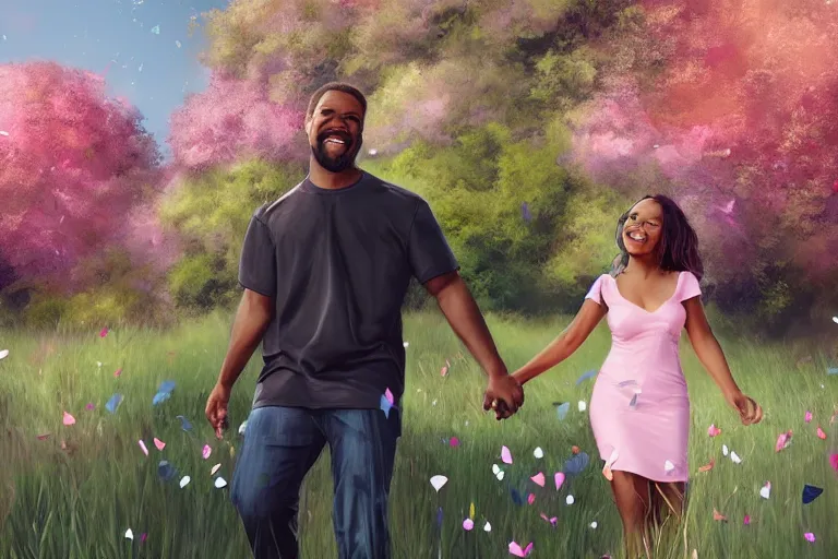 Prompt: one happy black man and one happy black woman, a couple, holding hands strolling through manicured grass surrounded by falling flower petals, digital painting by artgerm and face by wlop