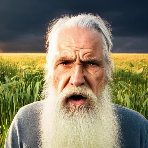 Prompt: scowling angry old wizard with a long white beard casting a spell, Tones of Black in Background, Golden Hour, Field of View, 2 Megapixels, 4-Dimensional, Masterpiece