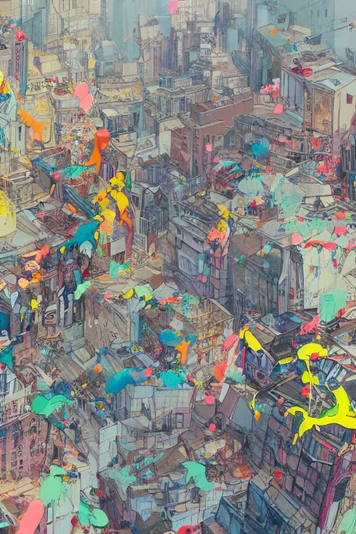 Prompt: people walking in a city covered with graffiti paint dripping down to the floor from the sky, professional illustration by james jean, painterly, yoshitaka Amano, hiroshi yoshida, moebius, loish, painterly, and artgerm, illustration