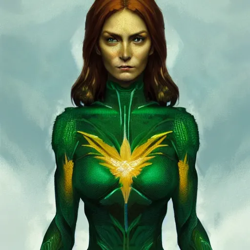 Image similar to full body portrait of jean grey, symetry, perfect face, green eyes, comic, phoenix rising, intricate, detailed, volumetric lighting, scenery, digital painting, highly detailed, artstation, sharp focus, illustration, concept art, ruan jia, steve mccurry