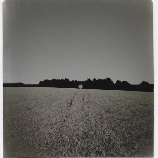 Image similar to polaroid photo of an empty field with a figure with long limbs standing in the far distance