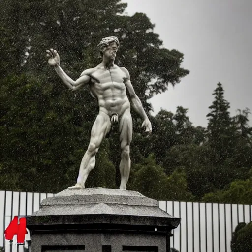 Image similar to 4 k hdr full body wide angle sony portrait of a michelangelo statue as donald trump showering in a rainstorm with moody stormy overcast lighting