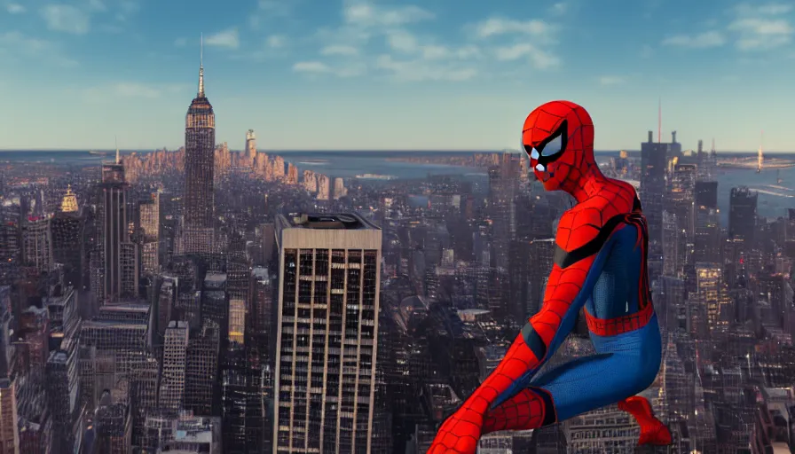 Prompt: spider - man on top of the empire state building in new york watching the sunset, unreal engine 5, render, cg society