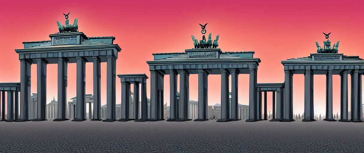 Prompt: brandenburg gate Germany, futuristic digital painting, matte painting, photoshop concept art, skyline in back, in the style of Ralph Mcquarrie, warm lighting, trending on artstation, high detail, sci fi, bright colours, vivid colours