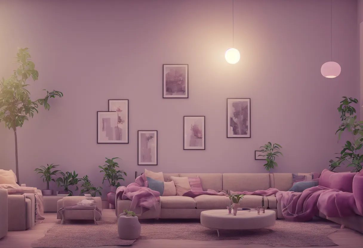 Prompt: a detailed octane render of a cozy 3 d living room interior, volumetric lighting, ray tracing, dramatic lighting, unreal engine 5, physical based render. balanced and aesthetically pleasing pastel colors.