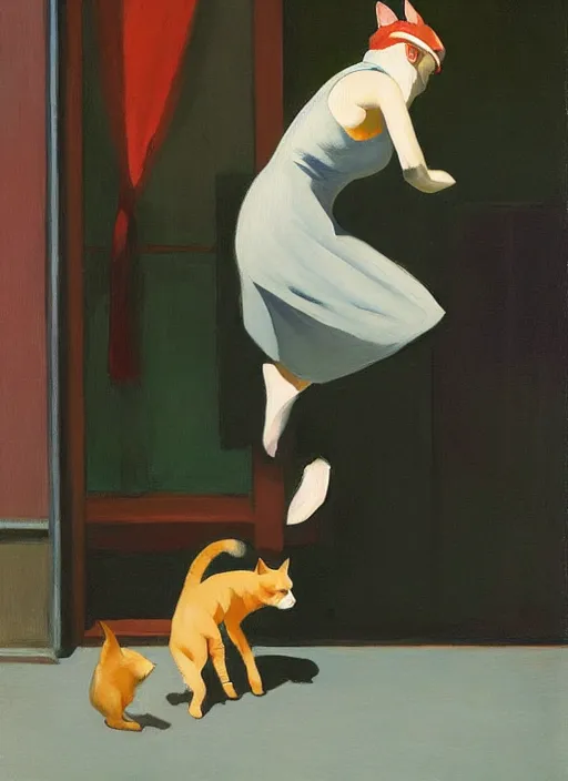 Prompt: woman with cat ears and long vail over the face jumping by Edward Hopper and James Gilleard, highly detailed