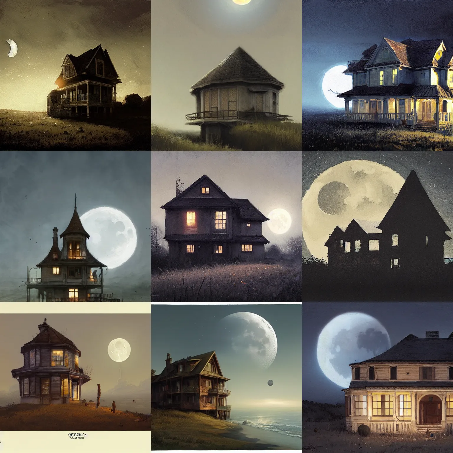 Prompt: house and moon by Greg Rutkowski and James Gurney