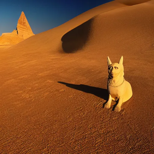 Image similar to wide angle shot of two sphinxes, one on each side, looking down on an adventurer, dusty desert, dramatic light, god rays, dreamlike